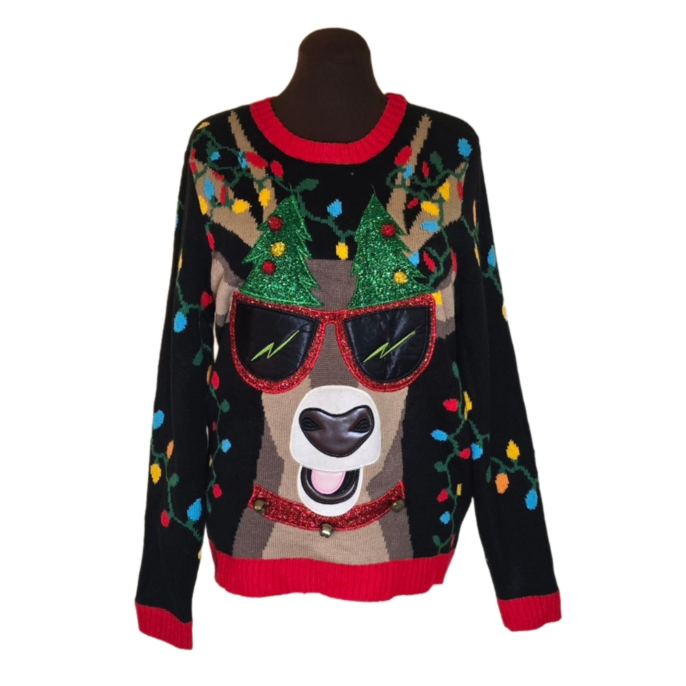 M Noveltycore Ugly Christmas Sweater 3D Reindeer Tree Antlers Jingle Bells